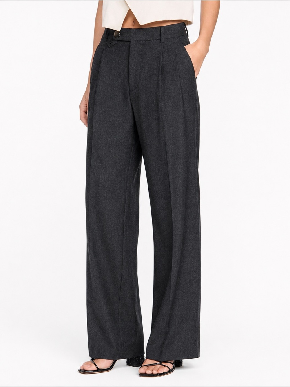 RALPH LAUREN Women’s ICON Wool Charcoal Dark Grey Wide-Leg Dress Trouser Pants